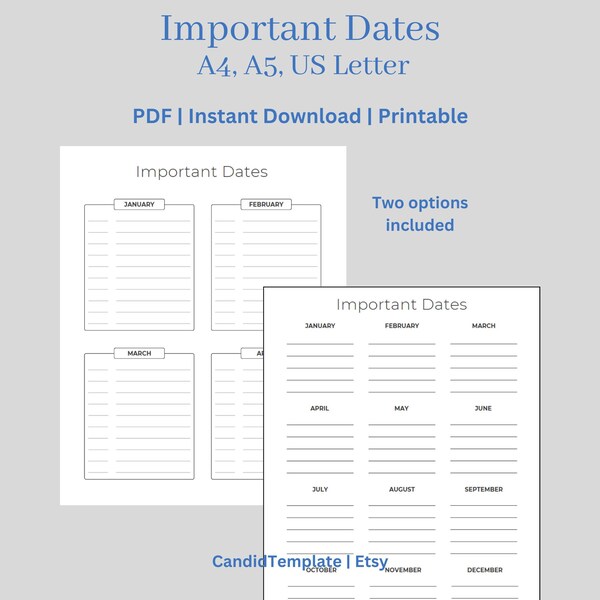 Important Date Tracker for Monthly and Annual Events or Appointments, Printable, Template, A4, A5, US Letter