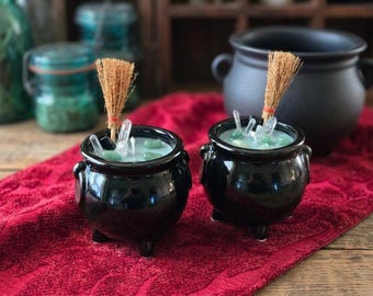 Hearth Witch Cauldron Candle - Basil Sage Mint Green Soy Wax Candle with Black Tourmaline & Crystals