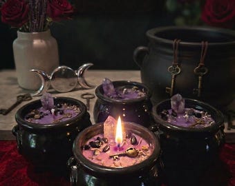 Hekate Crossroads Ritual Candle Cauldron - Hecate Soy Candle with Amethyst Point, Gold Obsidian, Key Charm - Shadow Work & Protection