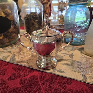 May include: A small, ornate silver sugar bowl with a lid and two handles. The bowl is highly reflective, sitting on a floral patterned runner. Several glass jars and bottles are in the background.
