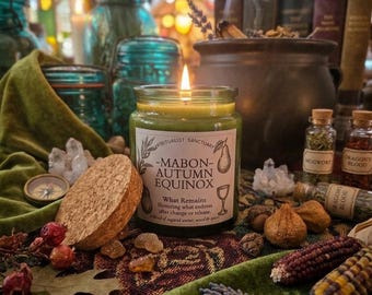 Autumn Equinox Mabon Altar Candle - Soy Wax Amber, Sandalwood, Clove & Dried Botanicals Witch Altar Decor Solstice Candle