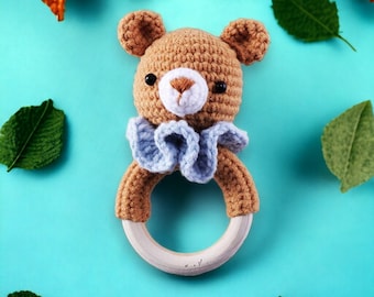 Crochet baby rattle with grip ring made of beech wood brown crochet teddy rattle with bell ring