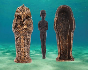 Decoración paisajística de pecera con momia piramidal de faraón egipcio, plantas de acuario, decoración de acuarios, decoración de pecera, acuario, decoración de terrario