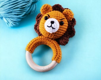 Crochet baby rattle with grip ring made of beech wood brown crochet lion rattle with bell ring