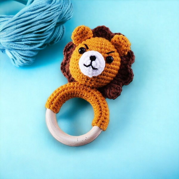 Crochet baby rattle with grip ring made of beech wood brown crochet lion rattle with bell ring
