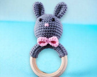 Crochet baby rattle with grip ring made of beech wood black crochet bunny rattle with bell ring