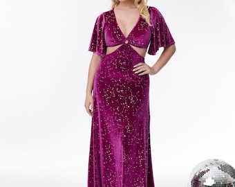 Smak Parlour 1970s Berry & Silver Constellation Velvet Cutout Maxi Dress