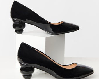 Unique Vintage Black Patent Leatherette Ball Heel Pumps