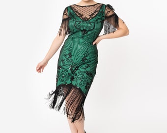 Unique Vintage 1920s Green & Black Beaded Nadine Flapper Dress