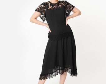 Unique Vintage 1920s Black Lace Marmande Flapper Dress