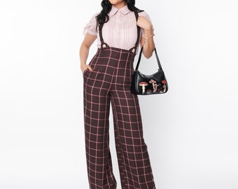 Unique Vintage 1930s Purple & Mauve Plaid High Waist Suspender Pants