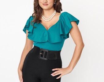 Unique Vintage Teal Ruffle Frenchie Knit Top