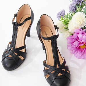 Unique Vintage1920s Black Leatherette Woven T-Strap Heels image 1