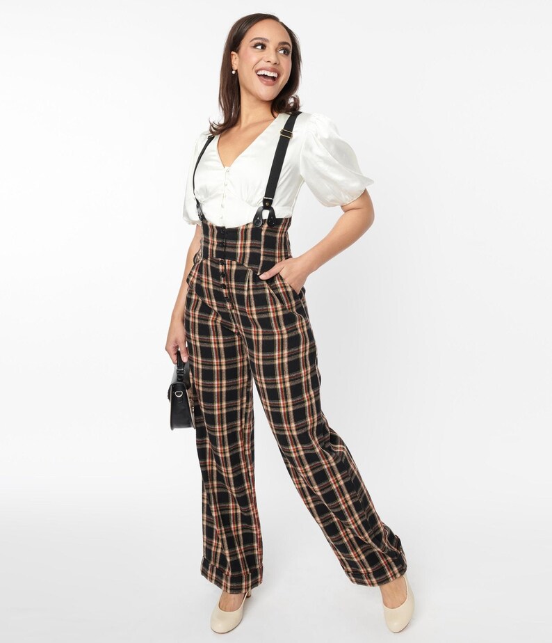 Unique Vintage 1930s Black & Auburn Plaid Thelma Suspender Pants image 5