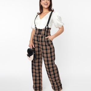 Unique Vintage 1930s Black & Auburn Plaid Thelma Suspender Pants image 4