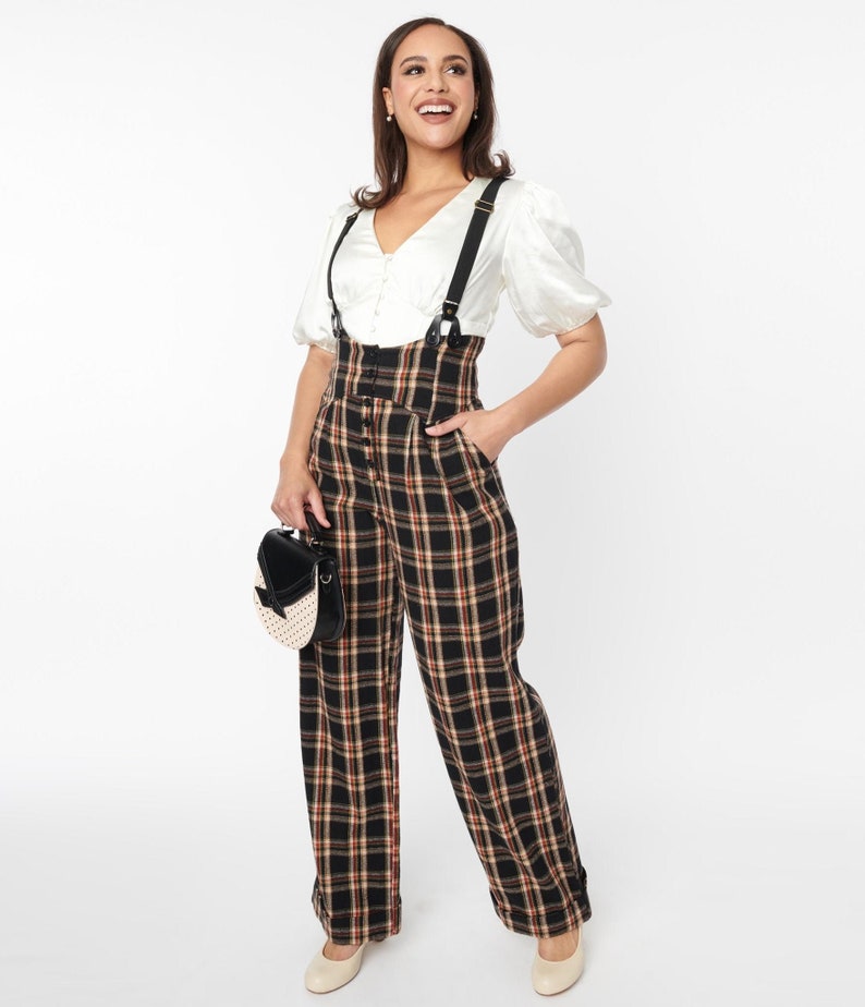 Unique Vintage 1930s Black & Auburn Plaid Thelma Suspender Pants image 4