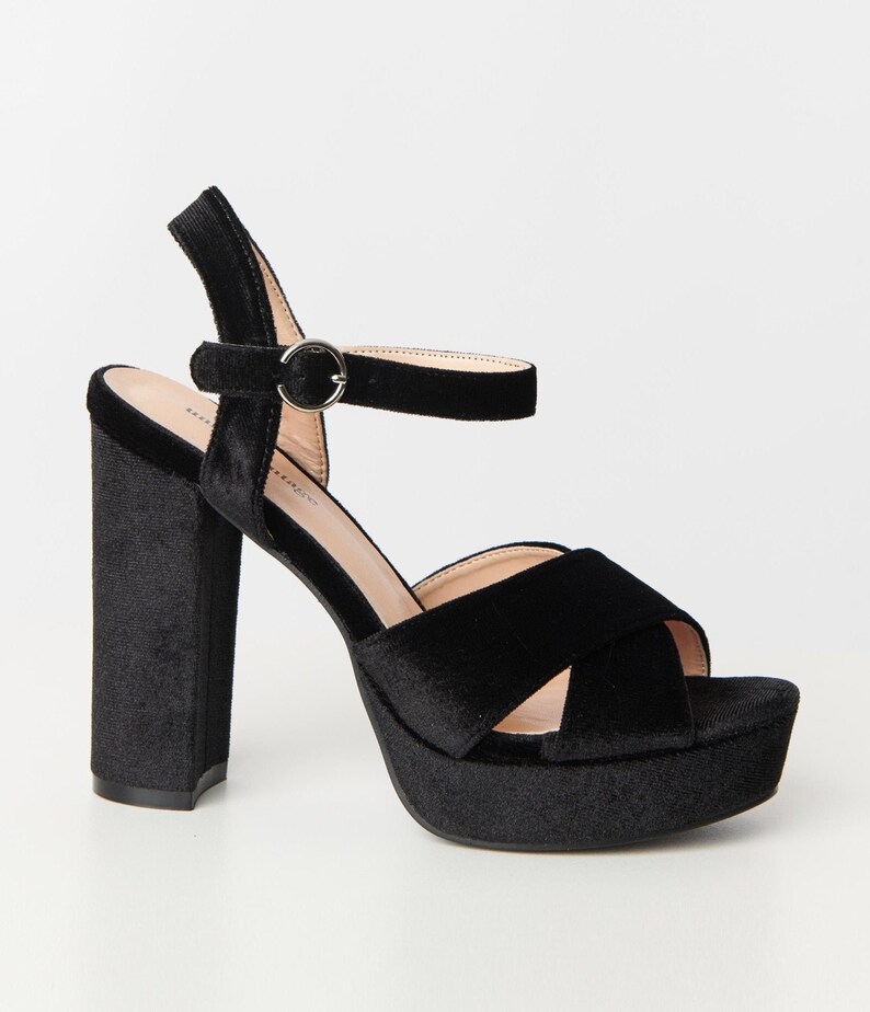 Unique Vintage Black Velvet Platform Heels image 2