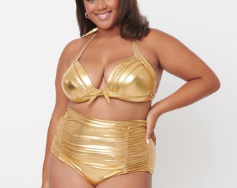 Unique Vintage Plus Size Gold Monroe Halter Swim Top