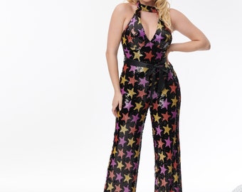 Smak Parlour Black & Multicolor Star Sequin Glamour Goddess Jumpsuit