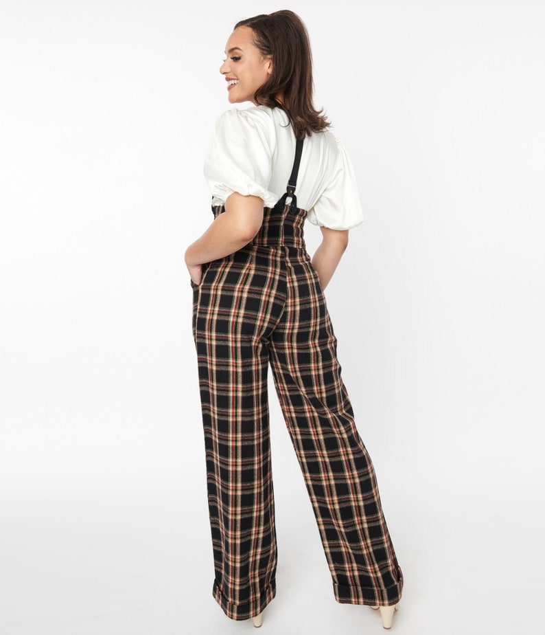 Unique Vintage 1930s Black & Auburn Plaid Thelma Suspender Pants image 2