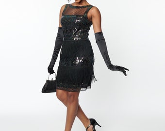 Unique Vintage 1920s Black & Iridescent Sequin Sleeveless Flapper Dress
