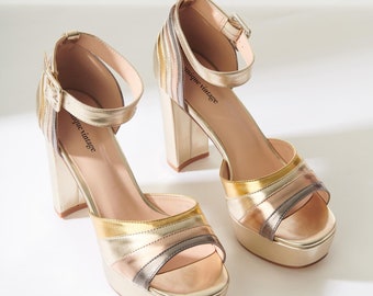 Unique Vintage Metallic Gold Peep Toe Platform Heels