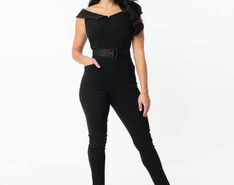 Unique Vintage Black Off Shoulder Gillian Jumpsuit