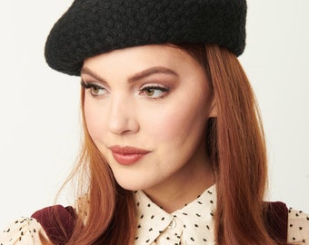 Unique Vintage Black Basketweave Adieu Beret