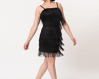 Unique Vintage 1920s Style Black Speakeasy Tiered Fringe Flapper Dress