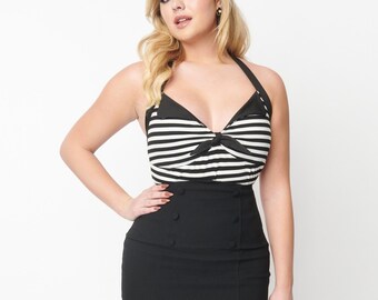 Unique Vintage Black & White Striped Halter Top