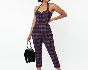 Unique Vintage 1970s Purple & Black Plaid Marcel Jumpsuit