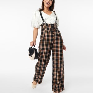 Unique Vintage 1930s Black & Auburn Plaid Thelma Suspender Pants image 1