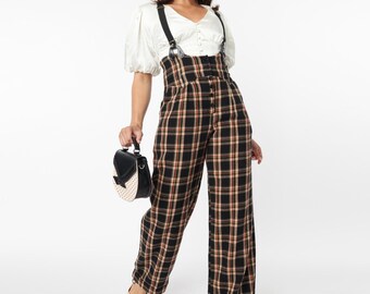 Unique Vintage 1930s Black & Auburn Plaid Thelma Suspender Pants