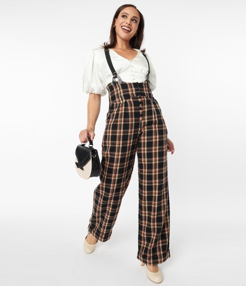 Unique Vintage 1930s Black & Auburn Plaid Thelma Suspender Pants image 1