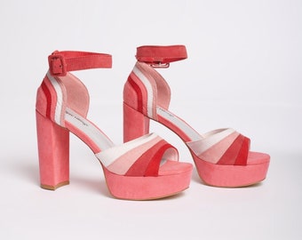 Unique Vintage Pink Suede Peep Toe Platform Heels