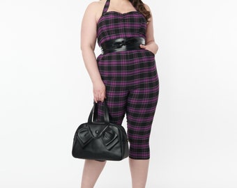 Unique Vintage Plus Size 1970s Purple & Black Plaid Marcel Jumpsuit