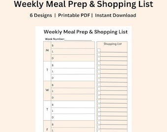 Weekly Meal Prep Planner, Shopping List, 6 A4 Designs (Printable PDF)
