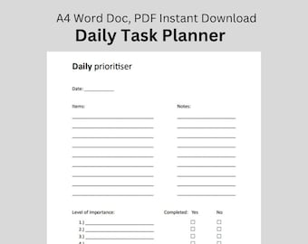 Daily Task Prioritizer Planner, A4 Printable (Word & PDF)