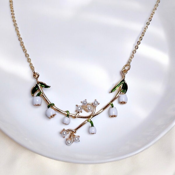 Lily of The Valley Necklace Gift For Mom Enamel Flower Beaded Pendant For Bridal Jewelry. Dainty Crystal Charm Necklace