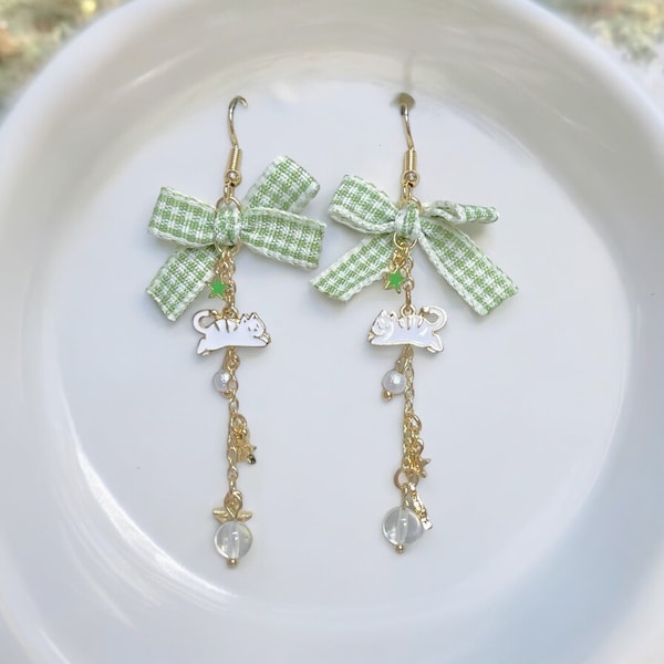 Cute Cat Earrings | Kawaii White Cat Beaded Enamel Dangles | Unique Green Plaid Pattern Bow Accessory Gift For Mom