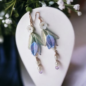 Blue Silk Flower Embroidery Earrings For Mother's Day Gift Cute Lily of The Valley Dangles Gift For Best Friend