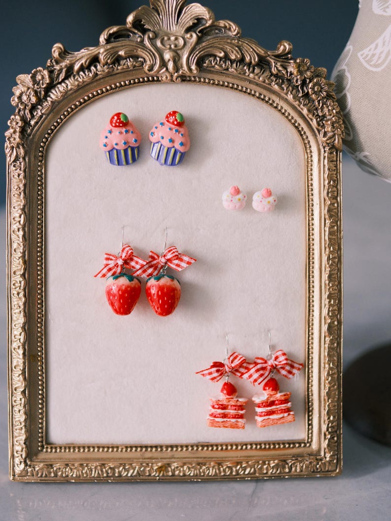 Strawberry Short Cake Earrings Kawaii Pastry Dangles Cute Cupcake