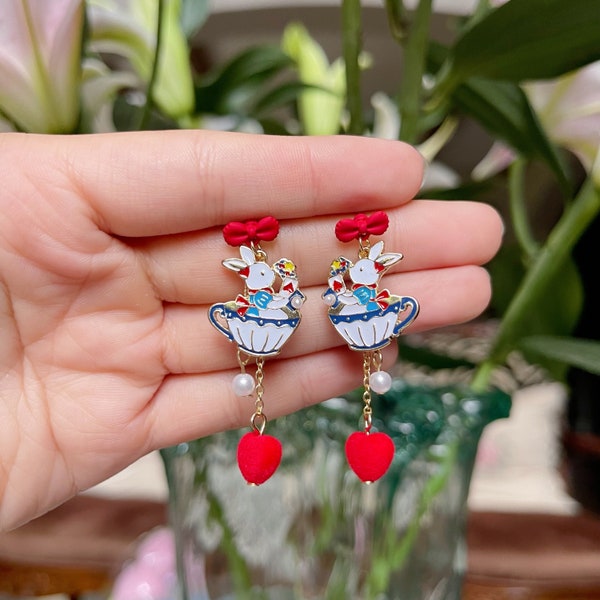 White Rabbit Earrings With Poker Cards. Cute Bunny From Alice in Wonderland Dangles Gift For Mom. Fun Tea Party Jewelry