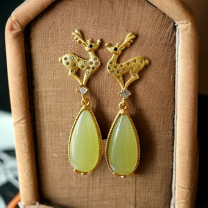 Japanese Deer Earrings Gift For Mom Cute Jade Gold Reindeer Earrings For Best Friend Gift Get Well Soon Gift