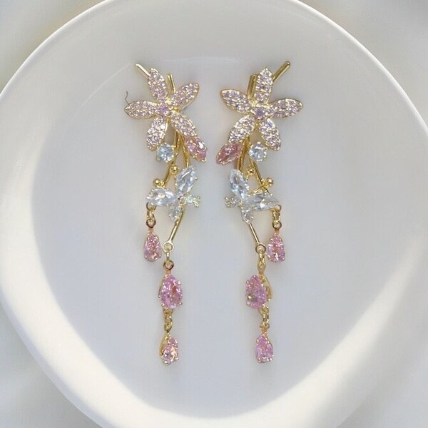 Flower Crystal Earrings Gift For Mom Pink Sakura Bridal Jewelry For Wedding. Cute Teardrop Accessory Bridesmaid Dangles
