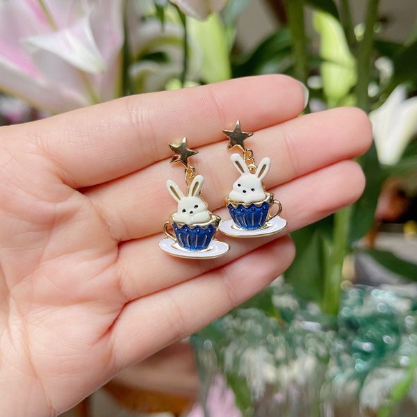 Cute Rabbit Earrings With Star Stud Gift For Mom. Japanese Tea Cup Dangles With White Bunny. Kawaii Enamel Animal Jewelry