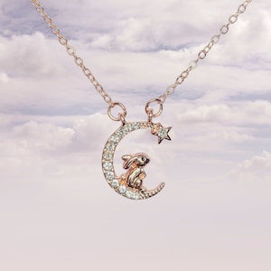 Rabbit Aesthetic Necklace With Moon Crystal Rose Gold Pendant Cute Chinese New Year Gift For Best Friend