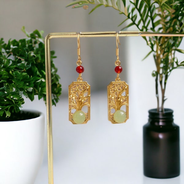 Magnolia Flower Earrings For Mother's Day Gift Cute Jade Gold Dangles For Chinese New Year Gift For Grandma