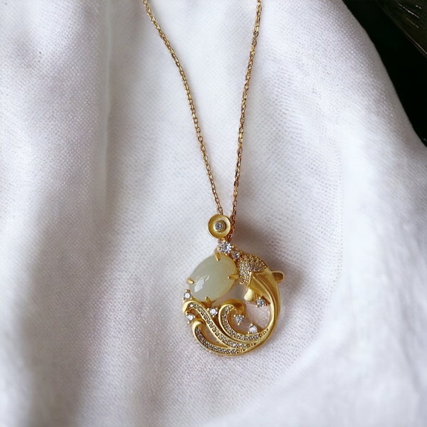 Aesthetic necklace koi fish necklace Jade pendant vintage jewelry for Lunar New Year cute necklace for birthday gift