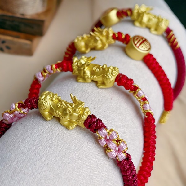 Gold Dragon Adjustable Bracelet For Lunar New Year of The Dragon｜ Red String Braided Pixiu Charm Chinese New Year Gift